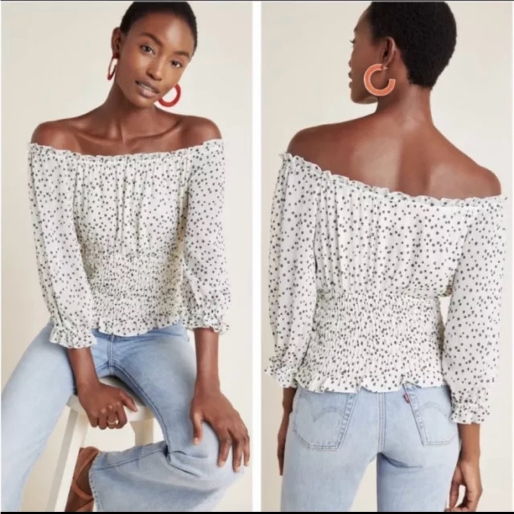 Anthropologie Blouse Women Small Smocked Off The Shoulder Black White Polka Dot